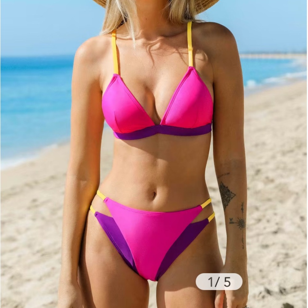 Cupshe Two Piece Alegria V-Neck Top & Cut-Out Bikini Set Color Block Small